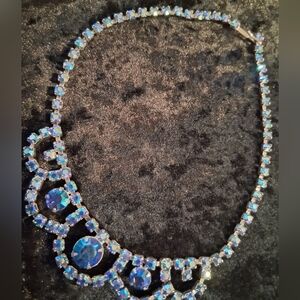 Vintage Blue Rhinestones and Silver Collar Necklace 16 In. Long.
